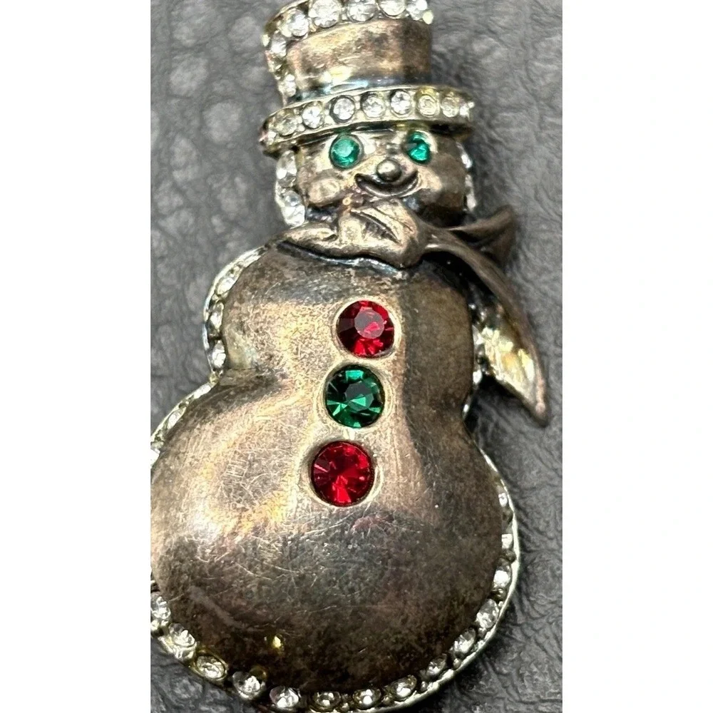 VTG Jez Sterling Silver 925 Snowman Brooch Red Green Rhinestone Christmas Pin